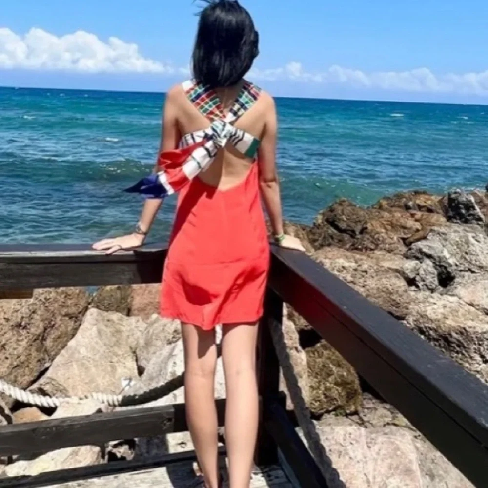 LULU’S Joyful Red Orange Multi Stripe Tie-Back Mini Dress Size Small, Like New - Picture 15 of 15